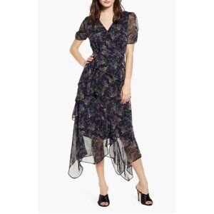 ASTR The Label Size M Womens Floral Print Tiered Hem Midi Dress Black Multicolor